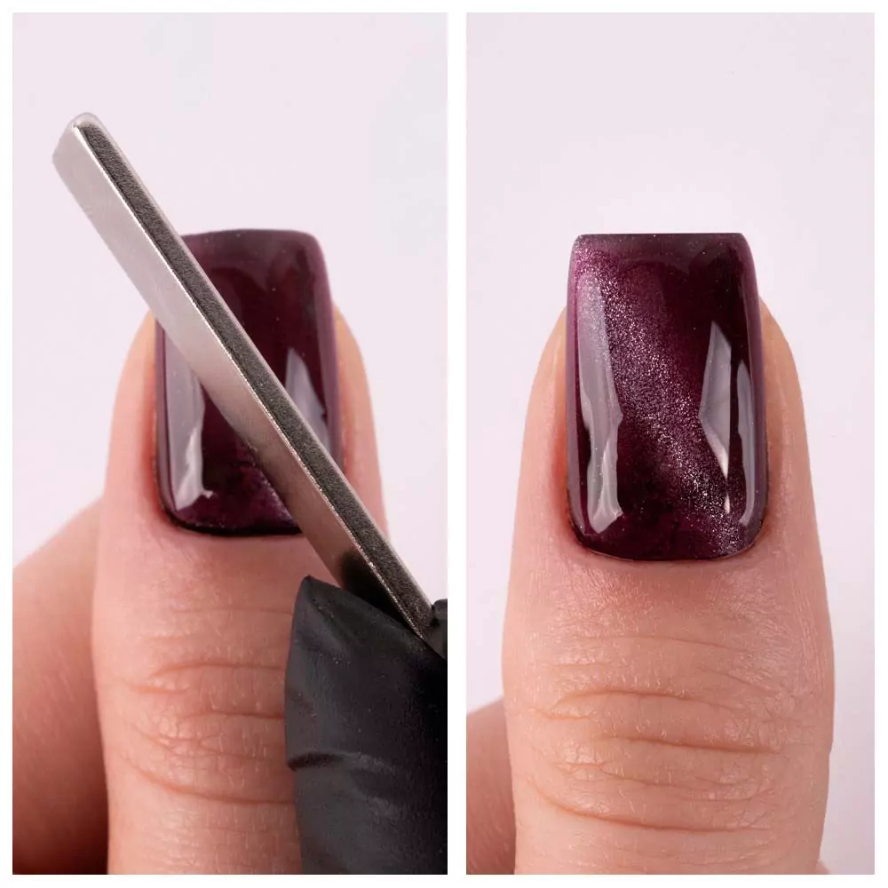 Postup práce s plochým magnetem pro Cat Eye efekt – ukázka aplikace